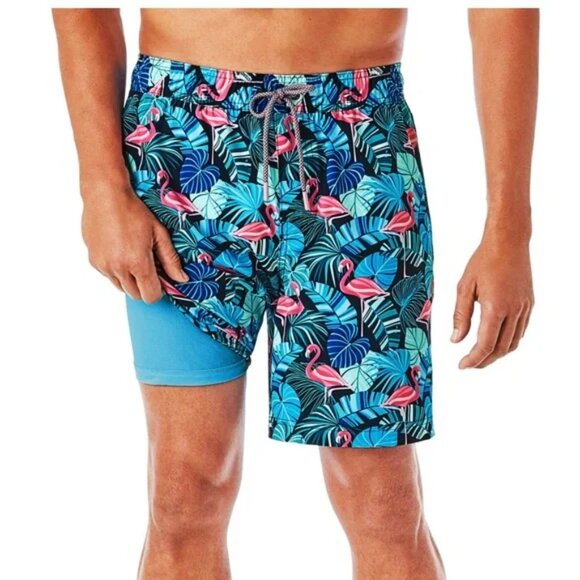 Men's XXL Swim Trunks Board Shorts Tropical Blue Pink Flamingo, 42 Waist